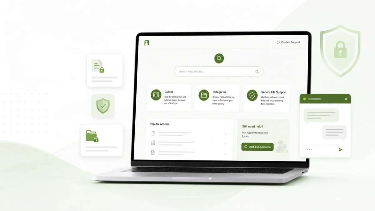 AxCrypt Help Center support dashboard with search, guide categories, popular articles, and secure file support